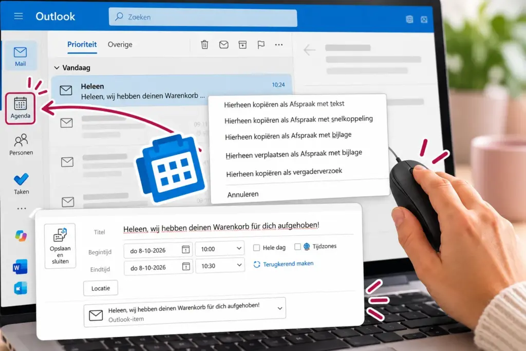 Afspraak in klassieke Outlook met de oorspronkelijke e-mail als bijlage toegevoegd.